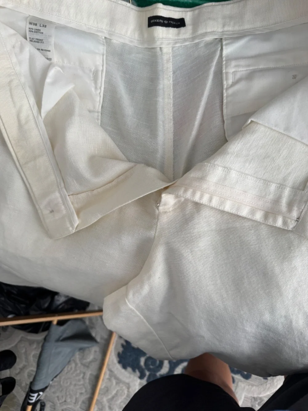 Dockers Premium Men's Off-White Linen Cotton Relaxed Fit Flat Front Pants 38x32